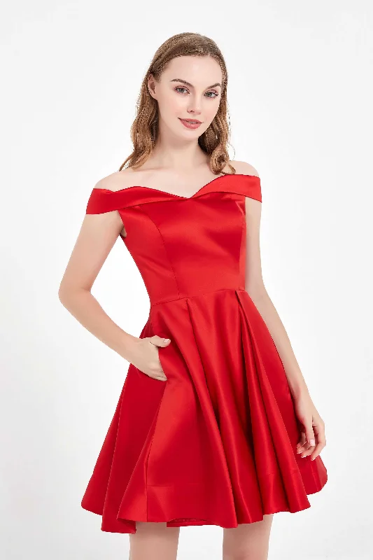 Big Discounts Off the Shoulder Simple Satin Short Dress with Pockets