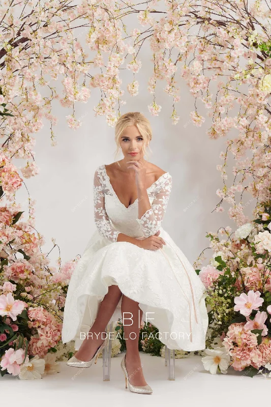Limited Quantity Sheer Sleeves Designer Lace V-Neck Tea-Length Bridal Dress