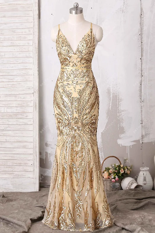 Today Only Gold Sequin Spaghetti Straps Mermaid Prom Dress