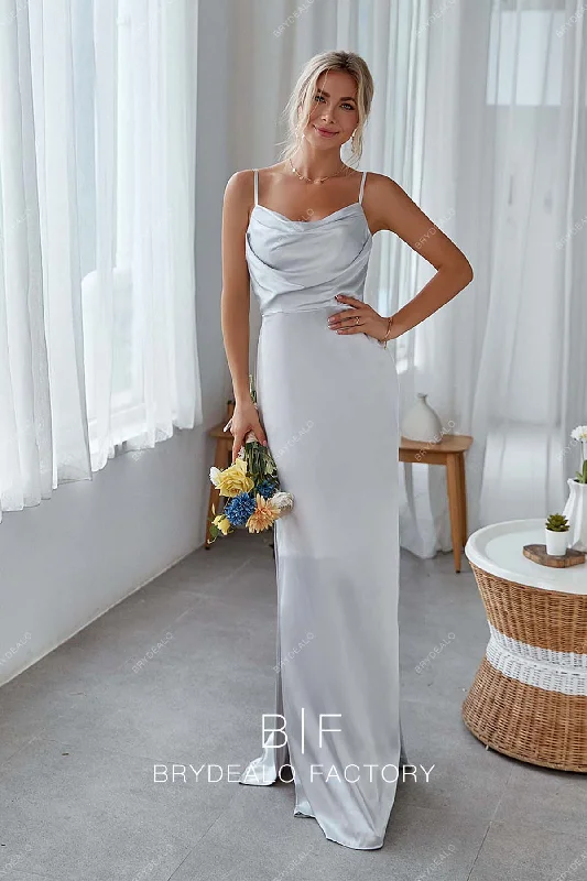 Special Promotion Silver Side Slits Column Charmeuse Spaghetti Straps Bridesmaid Dress Special Promotion Silver Side Slits Column Charmeuse Spaghetti Straps Bridesmaid Dress