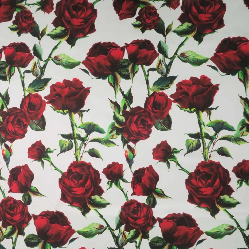 Early Access Red Roses on White Background Printed Polyester Mikado Fabric