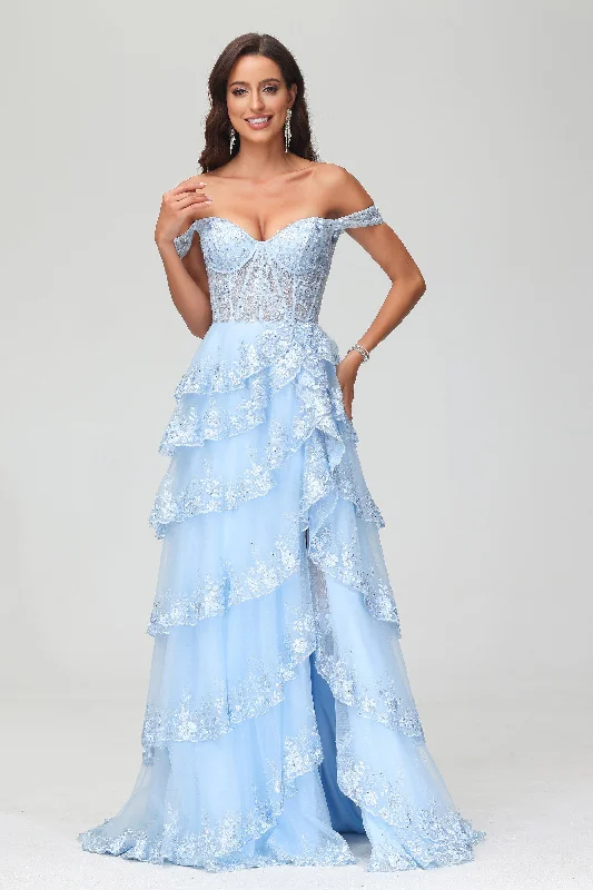Deal Frenzy A-Line Off Shoulder Rhinestone Tulle Sweep Train Dress