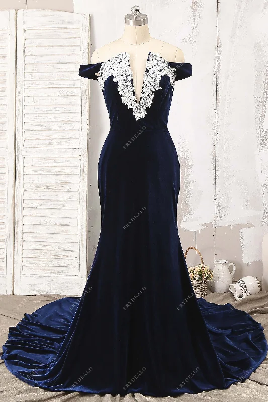 Stock Clearance Navy Velvet Off Shoulder Mermaid Bridesmaid Dress