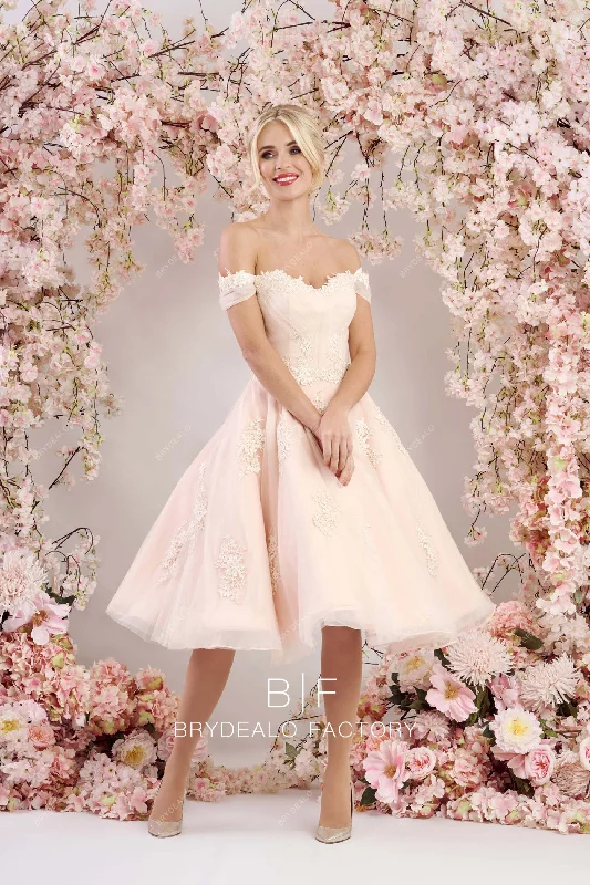 Buy Now Pearl Pink Off Shoulder Lace Organza Tea Length Pretty Bridal Dress