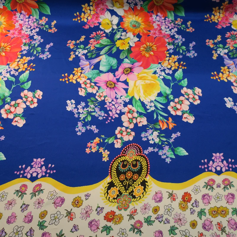 Special Discount Multicolored Blue White Floral on a Royal Blue Background Printed Silk Charmeuse Fabric
