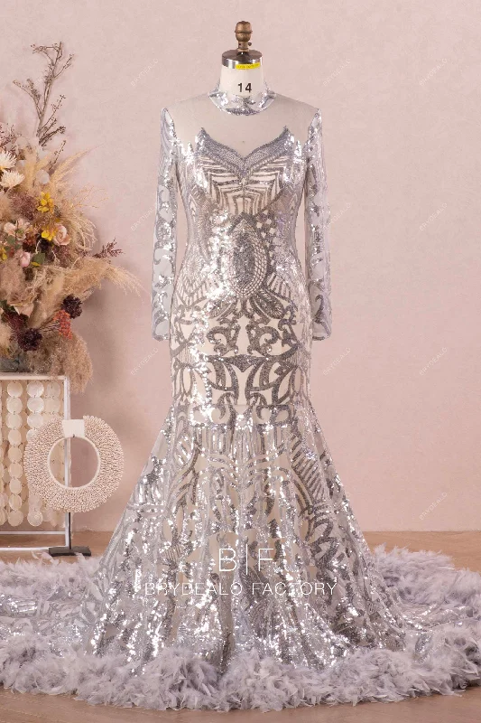 Price Reduction Sparkly Silver Sleeved Patterned Sequin Feather Prom Dress