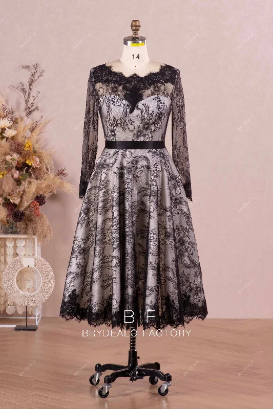 Deal Explosion Black Lace Overlaid Long Sleeves Classic Tea-Length Bridal Dress