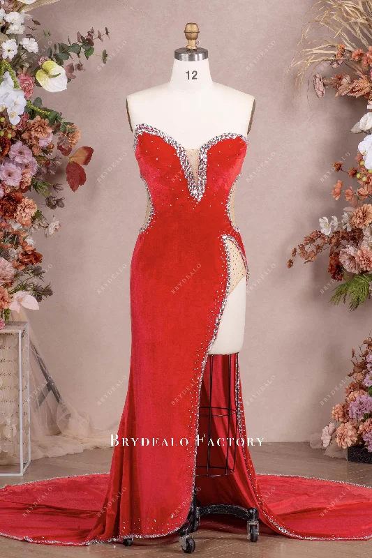 Today Only Red Rhinestone Velvet High Slit Fit & Flare Prom Dress