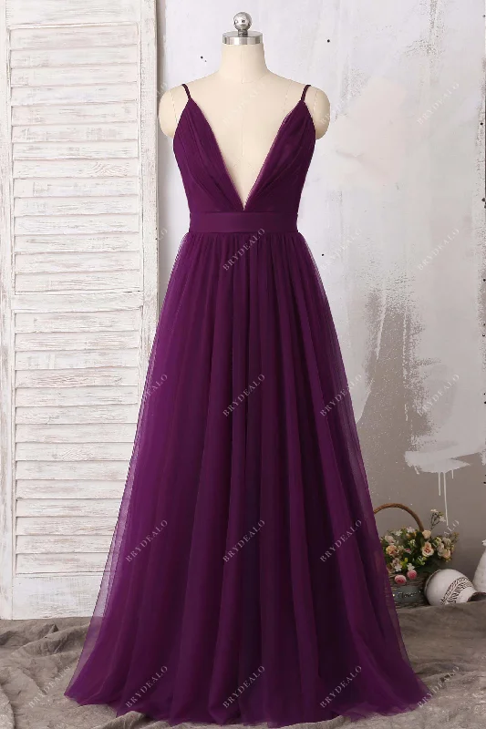 Lowest Price Plum Tulle Plunging Thin Straps Bridesmaid Dress