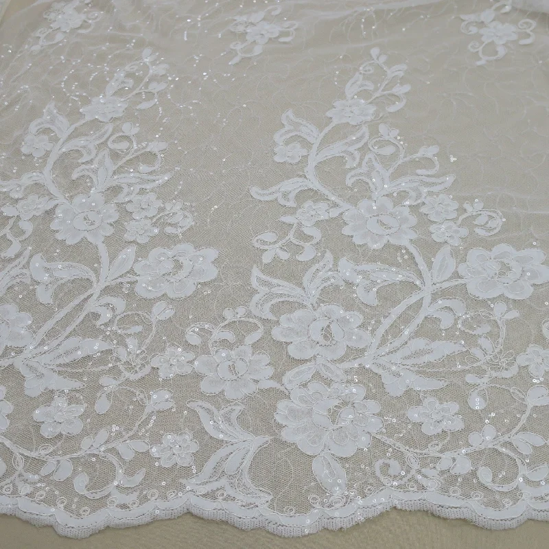 Final Clearance Off White Floral Embroidered Sequins Double-Scalloped Lace