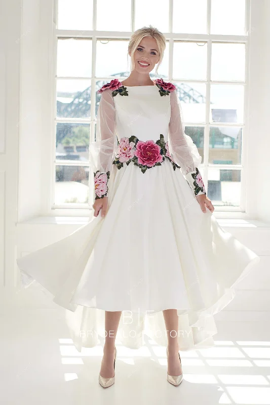 Today Only Stylish Embroidery Detachable Sleeves High-low Satin Bridal Dress