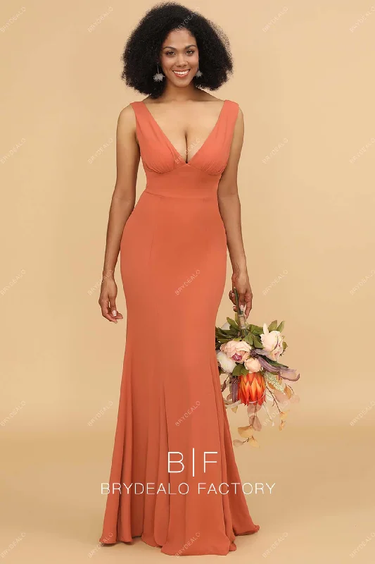 Big Discounts Tangerine Plunging V-neck Empire Fit and Flare Jersey Bridesmaid Dress