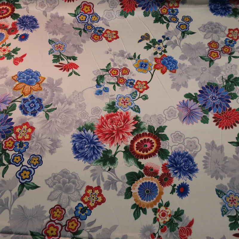 Bonus Savings Red and Blue Floral with a White Background Printed Silk Charmeuse Fabric