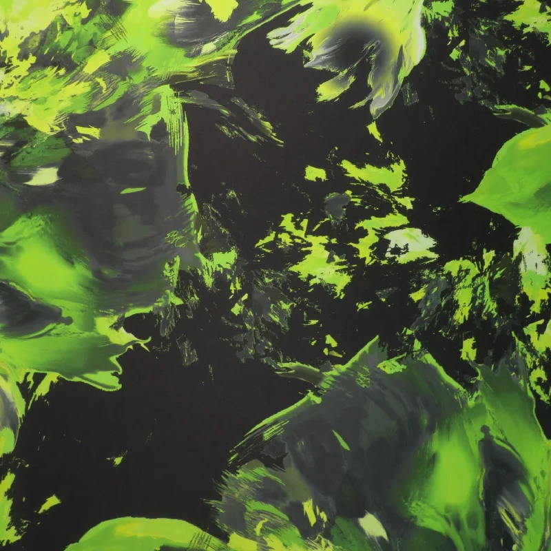Limited Availability Green Floral on Black Background Printed Polyester Mikado Fabric Limited Availability Green Floral on Black Background Printed Polyester Mikado Fabric