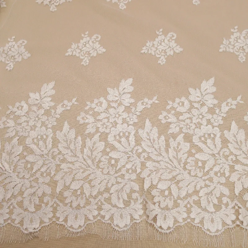 Bargain Prices White and Silver Embroidered Tulle Floral Single Scalloped Lace