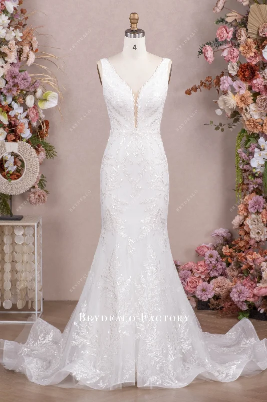 New Deals Ready To Ship | Shimmery Leaf Lace Mermaid Outdoor Wedding Dress