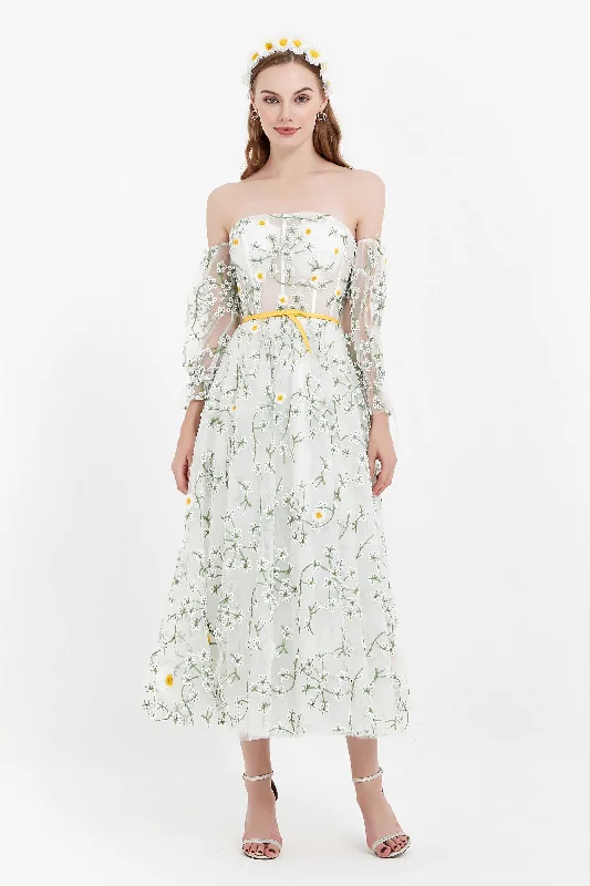 Fantastic Offers Puffy Sleeves Off Shoulder Floral Lace Dress