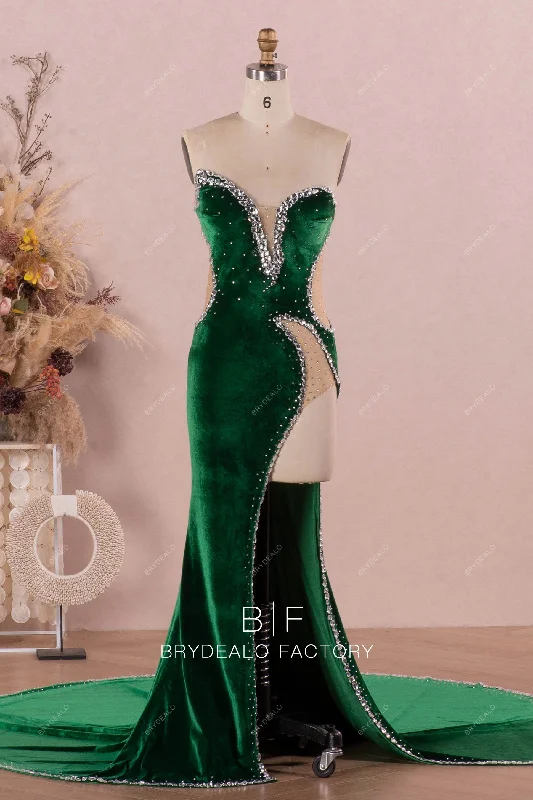 The Best Prices Emerald Sexy Unique RhinestoneVelvet Prom Evening Dress