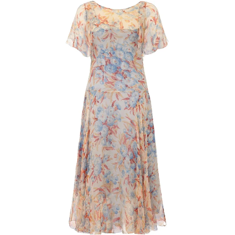 Super Sale 1920s Peach and Blue Silk Chiffon Floral Dress