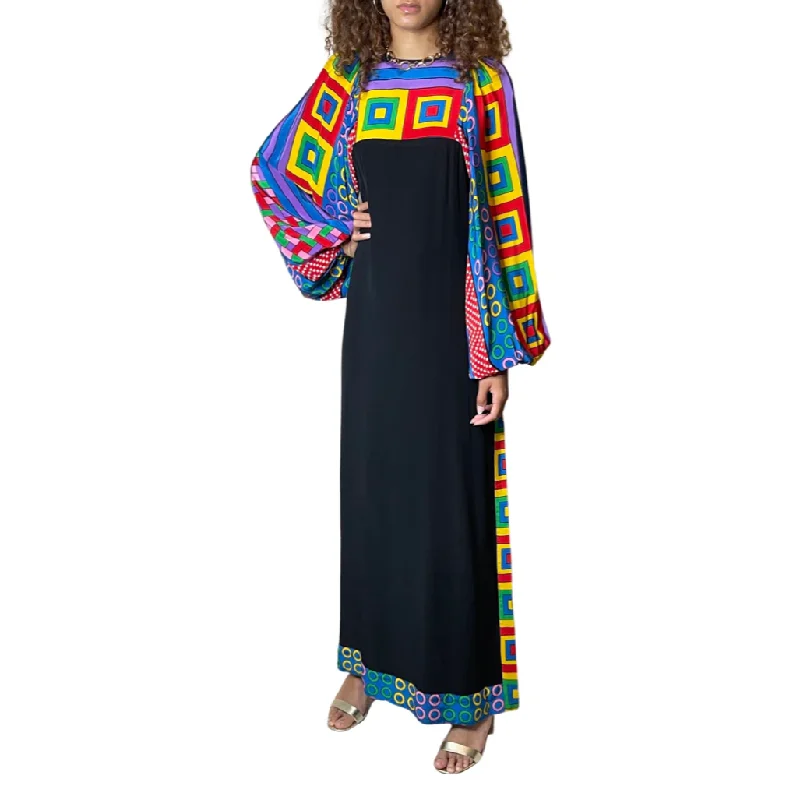 Midnight Madness Original 1970'S Vintage Multi Coloured & Black Maxi Dress Uk 8 - 12