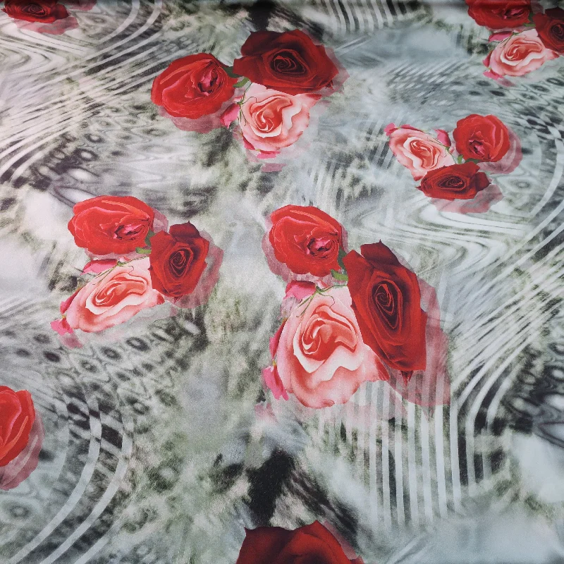 Value Deals Red Rose on Abstract Grey Ground Silk Charmeuse Fabric