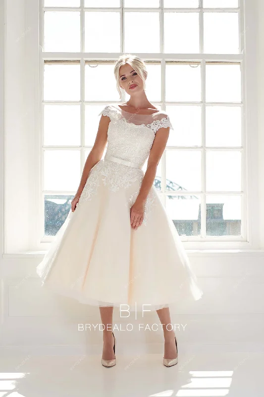 Low Prices Light Champagne Lace Tulle Cap Sleeves Trendy Tea Length Bridal Dress