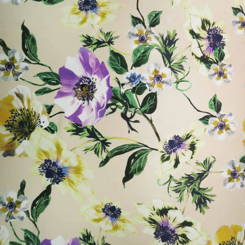 Daily Deals Purple and Yellow Floral on Beige Background Printed Polyester Mikado Fabric Daily Deals Purple and Yellow Floral on Beige Background Printed Polyester Mikado Fabric