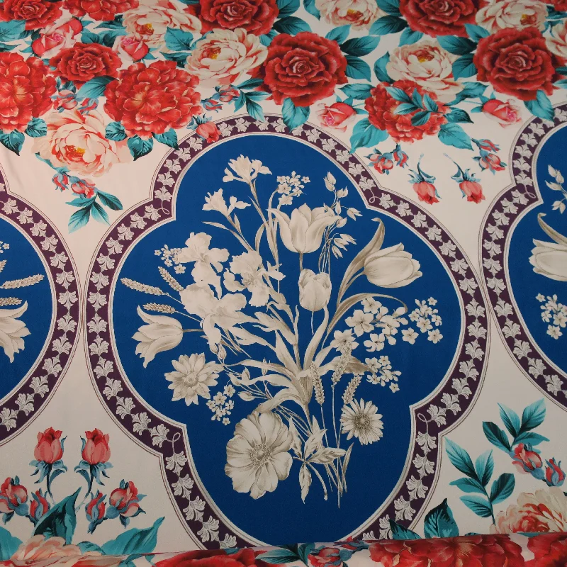 Time-Limited Offer Light Blue Red and Aqua Floral with a White Background Silk Charmeuse Fabric Time-Limited Offer Light Blue Red and Aqua Floral with a White Background Silk Charmeuse Fabric