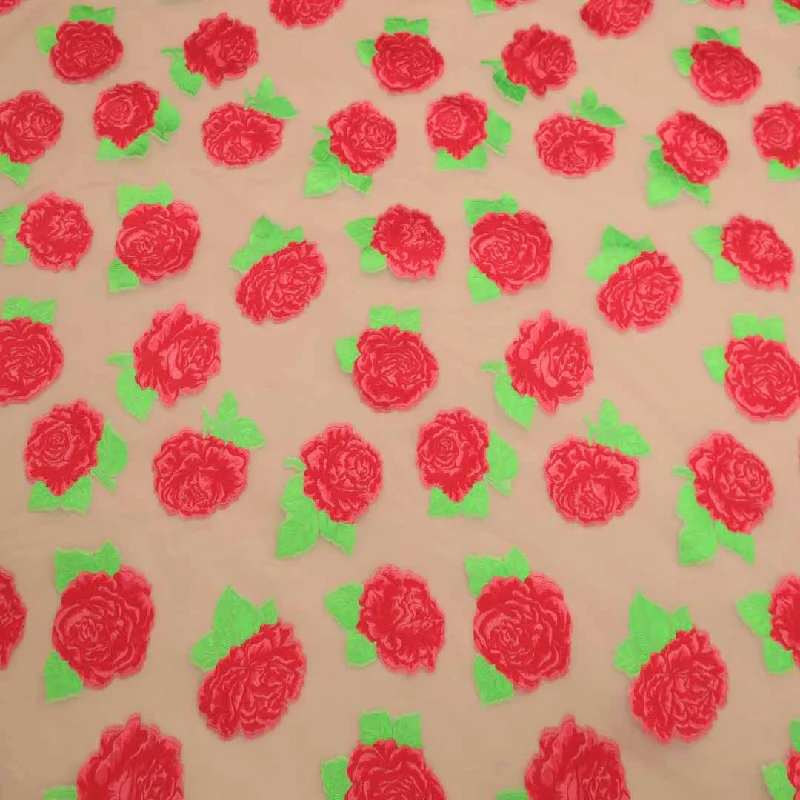 Crazy Savings Red And Beige Floral Textured Embroidered Organza Fabric