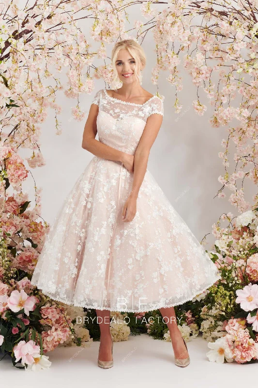 Special Savings Designer Lace Illusion Neck Vintage Blush Pink Tea-Length Wedding Dress