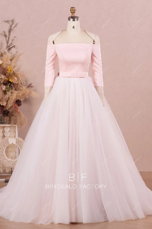 Must-Have Deals Blush Pink Off Shoulder Satin Bridal Dress with Detachable Tulle Overskirt