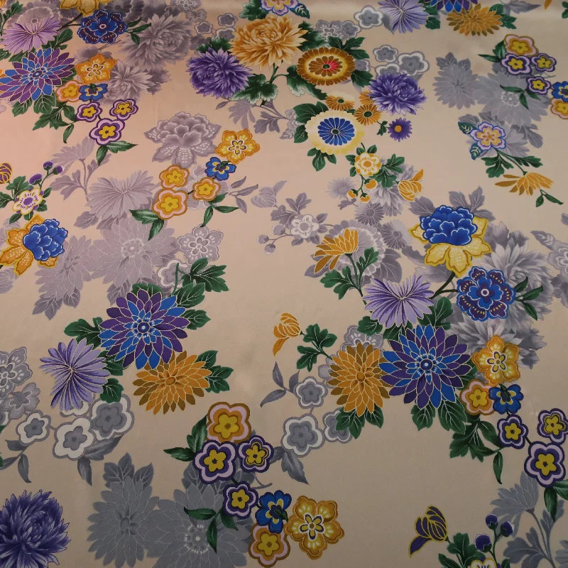 Today’s Deal Blue and Yellow Floral on a Cream Background Printed Silk Charmeuse Fabric