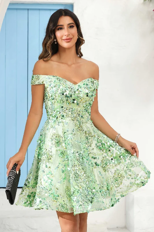 Crazy Deals Off the Shoulder Sequins Lace Tulle Mini Dress