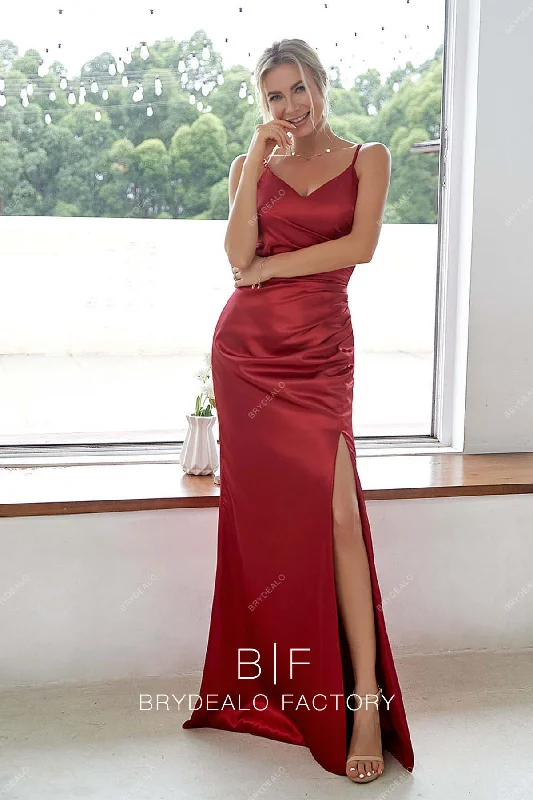Special Savings Red Ruched V-neck Slit Fit and Flare Charmeuse Bridesmaid Dress