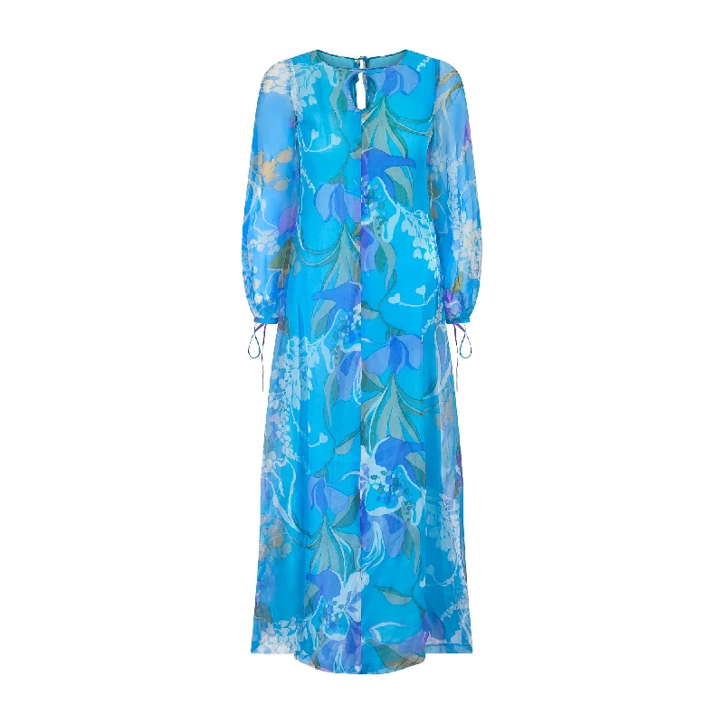 Time-Limited Offer 1960s Turquoise Floral Silk Organza Maxi Dress with Keyhole Neckline