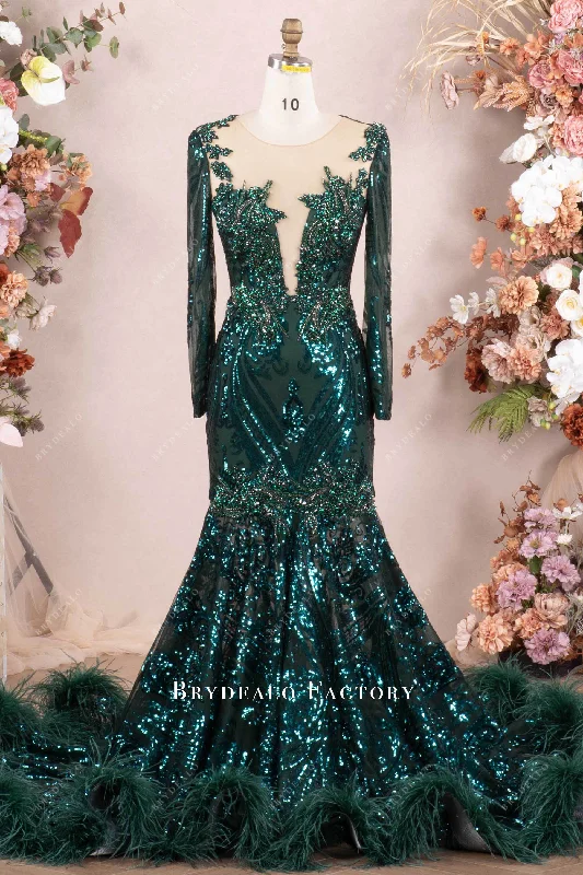 Hurry In Sparkly Dark Green Sequin Feather Long Prom Dress