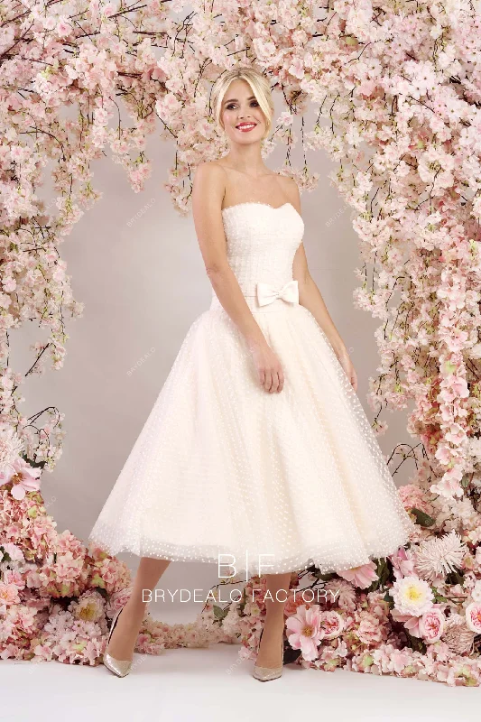 Amazing Deals Strapless Dot Tulle Pretty Tea Length Informal Wedding Ball Gown
