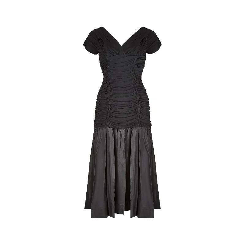 Stock Clearance 1950s Ceil Chapman Black Taffeta and Ruched Silk Jersey Dress