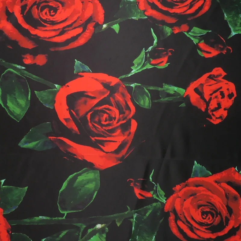 Huge Discounts Red Roses on Black Background Printed Polyester Mikado Fabric