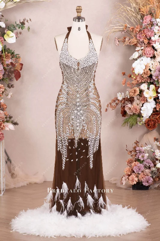 Discount Deals Luxury Rhinestone Nude Illusion Fit Flare Feather Prom Dress