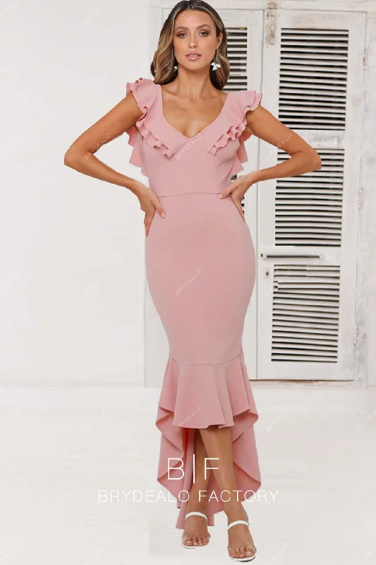 Stock Up and Save Nude Pink V-neck Ruffled High-low Mermaid Bridesmaid Dress