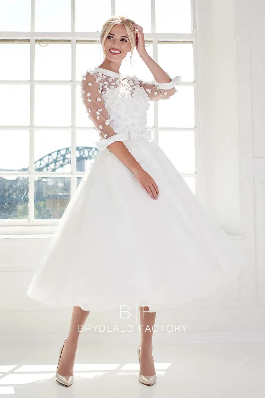 Lowest Prices Romantic 3D Flowers Sheer Sleeves Vintage Tea Length Bridal Gown