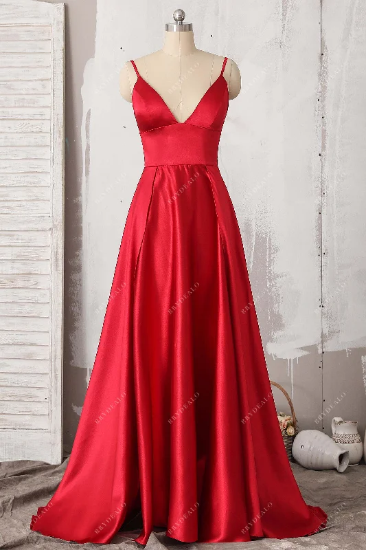Value Deals Elegant Red Satin Thin Straps Bridesmaid Dress with Slit