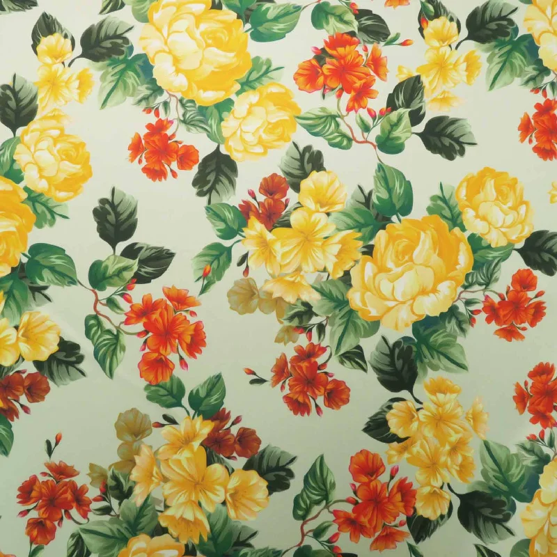 Savings Event Orange Rose Floral on Nude Background Printed Polyester Mikado Fabric