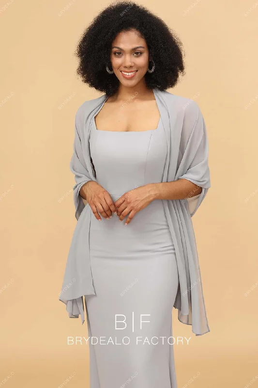 Steals and Deals Grey Sleeveless Chiffon Square Neck Cape Long Bridesmaid Dress