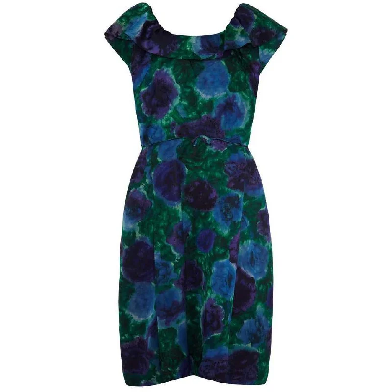 Epic Deals 1950s Lane Bryant Blue and Green Floral Silk Dress
