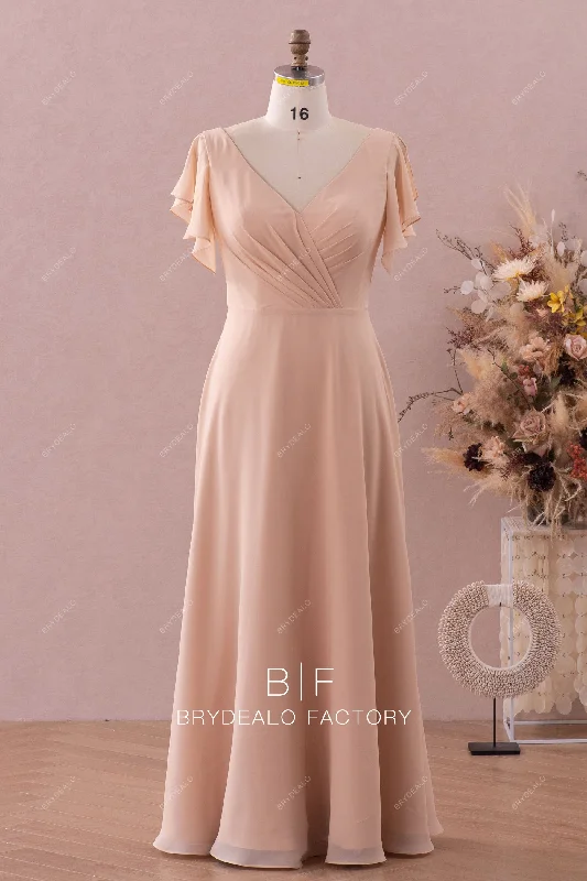 Price Rollback Flutter Sleeve Floor Length Chiffon Bridesmaid Dress
