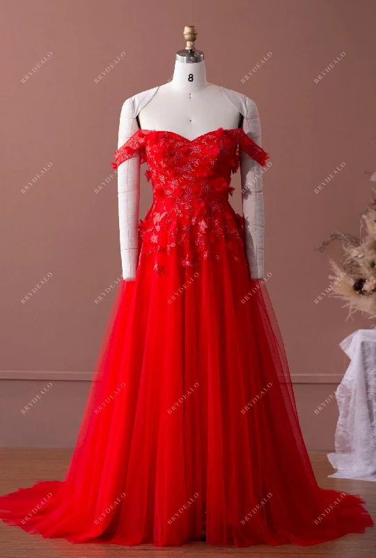 Great Deals Off-shoulder Red Lace Tulle A-line Formal Dress