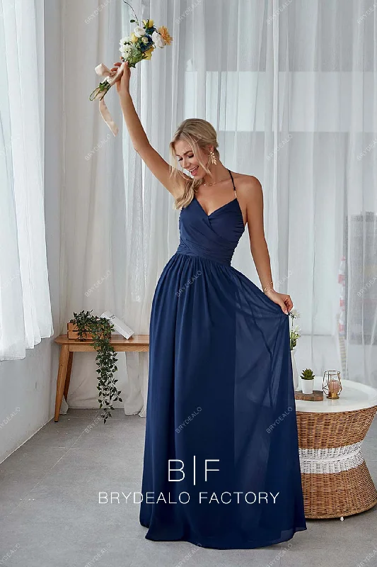 Online Exclusive Navy Crisscross Pleated Halter Floor Length Chiffon Bridesmaid Gown Online Exclusive Navy Crisscross Pleated Halter Floor Length Chiffon Bridesmaid Gown