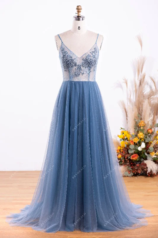 Lowest Prices Wholesale Slate Blue Sheer Lace Tulle V-neck Wedding Dress